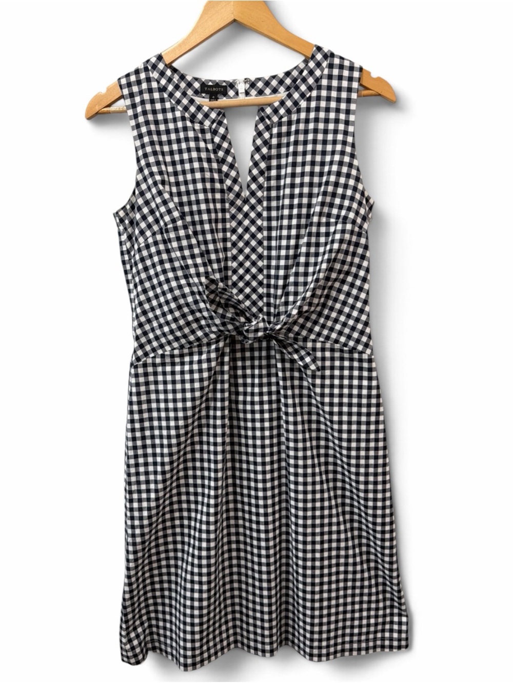 Talbots Navy Gingham Tie-Front A-Line Dress Sleeveless Size 4 EUC